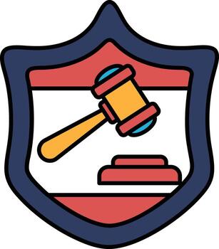 A black and white drawing of a shield with a gavel and a judge's bench vector