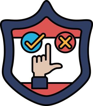 A shield with a hand pointing to a check mark and an X vector