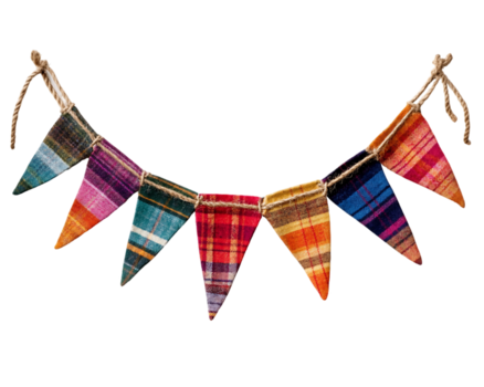 colorato triangolare pavese bandiere con plaid modelli su iuta corda png