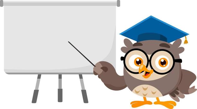 Owl Teacher Cartoon Character Explaining Lesson With Pointer Stick In Front Of Blank Presentation Board vector