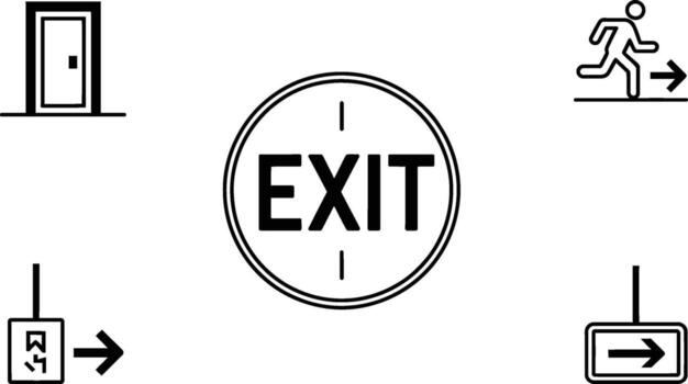 A collection of clear simple minimalist exit signs in various forms each pointing towards a safe emergency escape route. vector