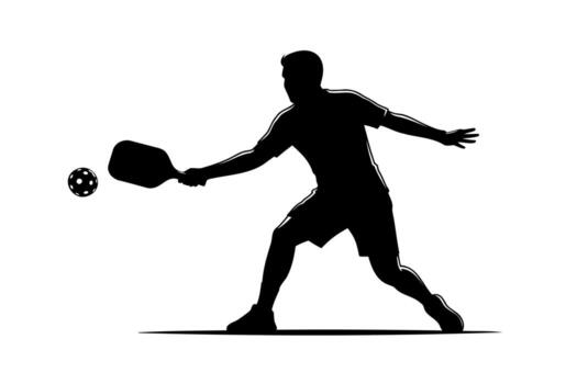 Dynamic pickleball player in action, striking the ball with a paddle vector