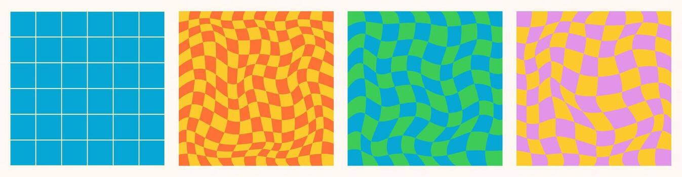 Psychedelic checkerboard. Retro set 60s 70s seamless patterns, groovy hippie style background vector