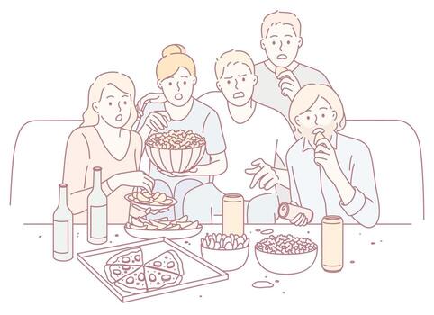 un grupo de amigos es disfrutando varios meriendas mientras ellos son felizmente acecho un película juntos vector