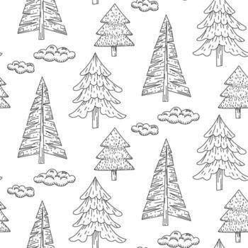 Pattern of various textured Christmas trees, scribbles. Of triangles, lush, elongated triangles. Graphics, engraving, shading in a seamless texture. In black ink, marker. Forest, nature, recreation vector