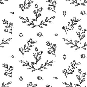 modelo de salvaje bayas, garabatos ramas de arándanos y arándanos simétricamente. gráficos, grabado, y sombreado en un sin costura textura. negro tinta, marcador. bosque, naturaleza, recreación vector