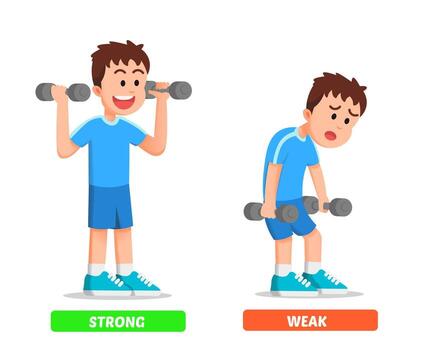 a little boy with strong and weak poses while lifting dumbbells vector