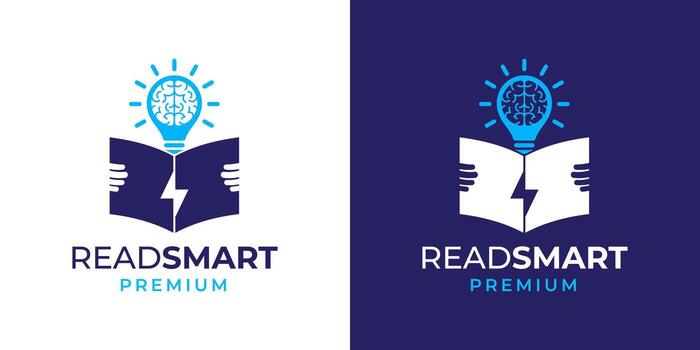 inteligente leyendo logo diseño con bulbo cerebro relámpago símbolo ilustración modelo. intelecto desarrollo, inteligente pensamiento, rápido lectura, resumen concepto, educación curso, logo icono diseño . vector