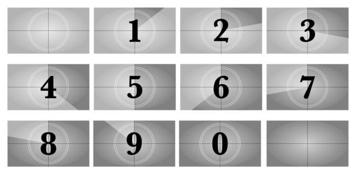 16x9 tira de película cuenta regresiva con grunge antecedentes y retro cámara marcos clásico película Temporizador números para cine introducción o presentación diseño. antiguo pantalla líder animación para o carrete vector