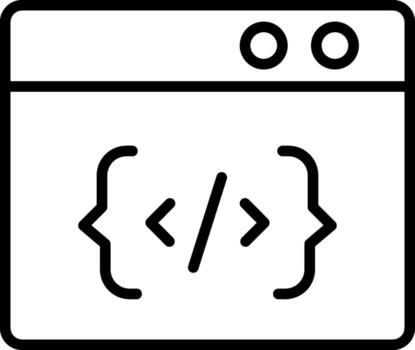 A black and white icon of a computer screen with a code symbol vector