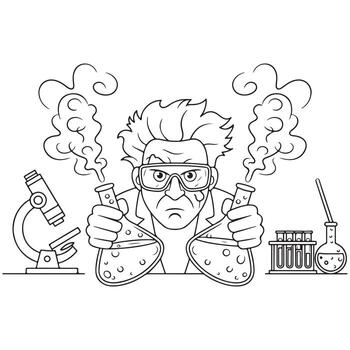 a cartoon scientist holding a flask and a beaker vector