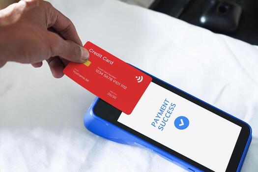 imagen de un exitoso crédito tarjeta transacción utilizando el nfc característica. fintech concepto foto