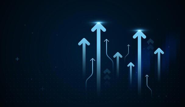 hacia arriba Finanzas y negocio flechas en oscuro degradado fondo, un dinámica y moderno infografía antecedentes presentando un racimo de brillante oscuro azul flechas tendencias vector