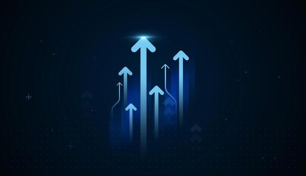 Powerful upward movement with a group of sleek, vector-based blue arrows ascending against a deep blue gradient Upward Finance and Business Arrows on dark gradient background. vector