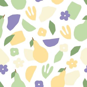 Whimsical hand-drawn seamless pattern with pears and abstract botanical shapes vector
