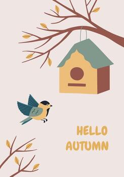 tarjeta postal en calentar colores con Hola otoño mensaje. antecedentes con paro y pajarera vector