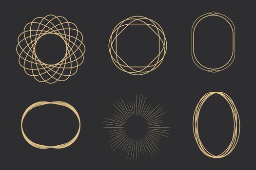 Set golden thin line celestial frames, borders, arch line art esoteric minimal decoration with sparkles isolated on dark background vector