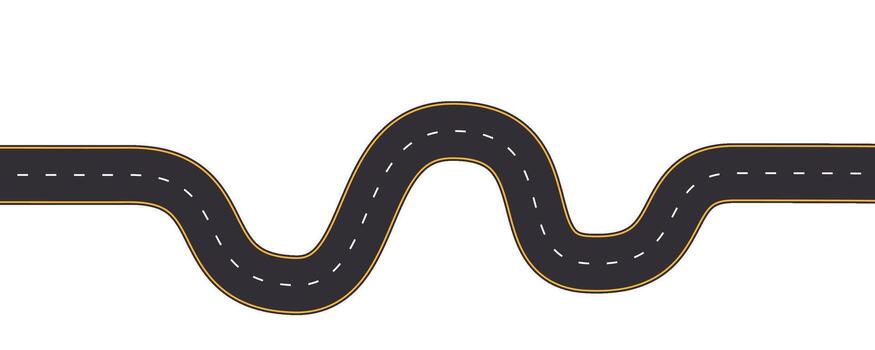 Winding road highway curve path. Empty horizontal way, map. Asphalt wavy road template, game, design element. vector