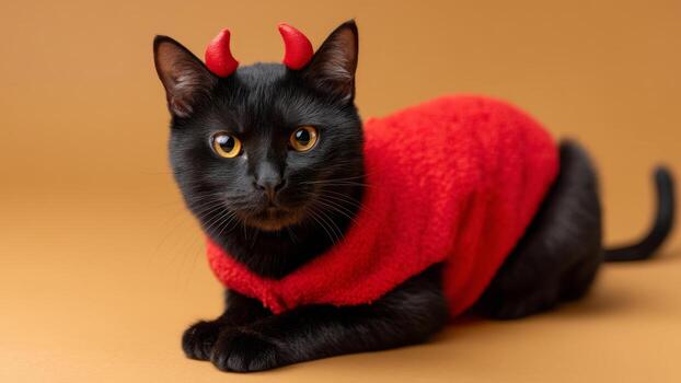 Black cat in Halloween costumes with red devil horns and cape lying on brown background looking curious and calm photo