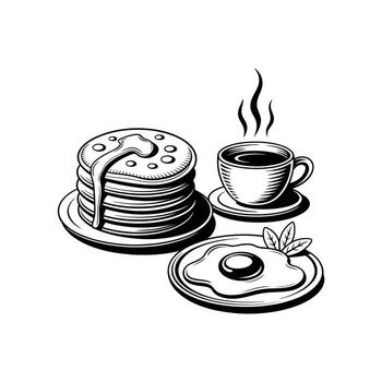 apilar de panqueques con jarabe y frito huevo con café desayuno vector