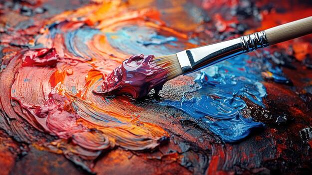 An artist blends vibrant colors with a brush, creating a deep abstract painting photo