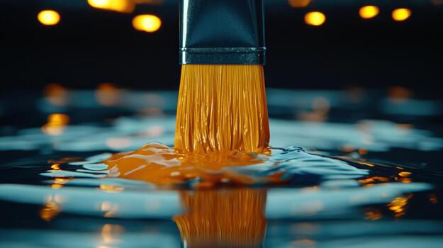 A paintbrush dips into rich orange liquid, creating ripples in a calm scene photo
