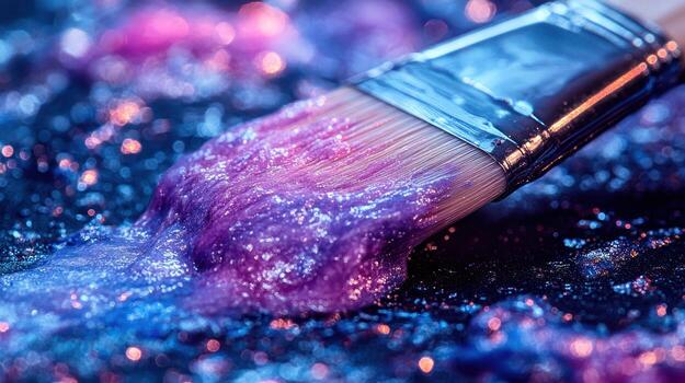Artist explores color and texture using a brush dipped in brilliant paint photo