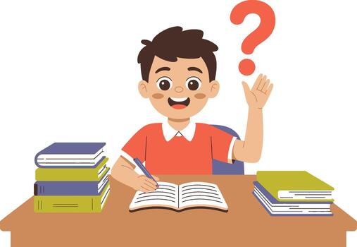 Boy with Question Mark Studying at Desk with Books vector