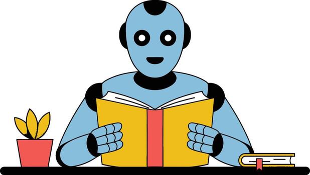 robot leyendo un libro con un planta y otro libro vector