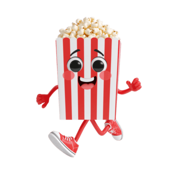 Animated popcorn character cheerfully strolling with optimistic expression on isolated transparent png