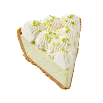 A delicious slice of creamy key lime pie with a graham cracker crust, generously topped with swirls of whipped cream and fresh lime zest, isolated on a transparent background png