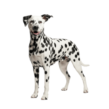 Elegant spotted dog with a distinctive black and white coat standing confidently, showcasing its unique pattern and friendly expression on a transparent background png