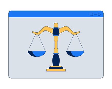 Digital justice scale in browser window 2D cartoon object. Legal technology. Virtual court. Online law services inside web interface isolated element flat clip art on white. Spot illustration vector