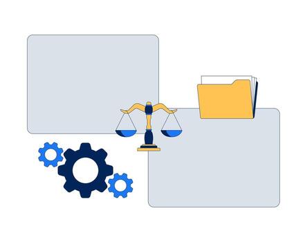 Legal data management with files and justice scale 2D illustration concept. Folders, gears and law system digital interface cartoon composition isolated on white. Flat abstract metaphor vector