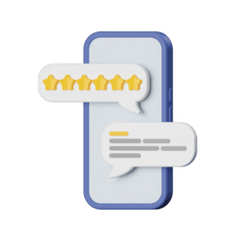 3d rendering of a smartphone with speech bubbles showing star ratings and text, representing customer feedback and online reviews isolated on transparent background png