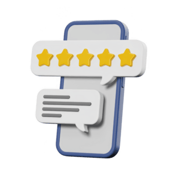 A 3d render of a smartphone with speech bubbles showing a fivestar rating, isolated on transparent background png