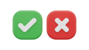 Green check mark and red cross symbols, representing approval and rejection, isolated on transparent background, used for decisions and feedback png
