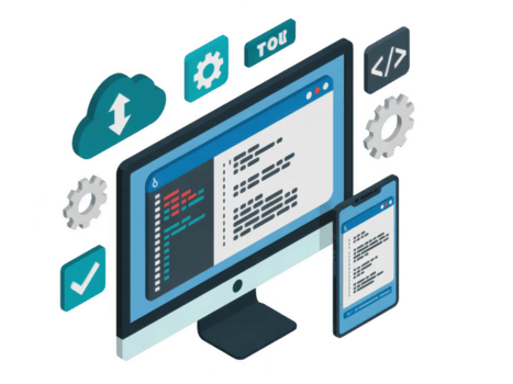 isométrico ilustração do Programas desenvolvimento processo em computador e Móvel telefone isolado em transparente fundo png
