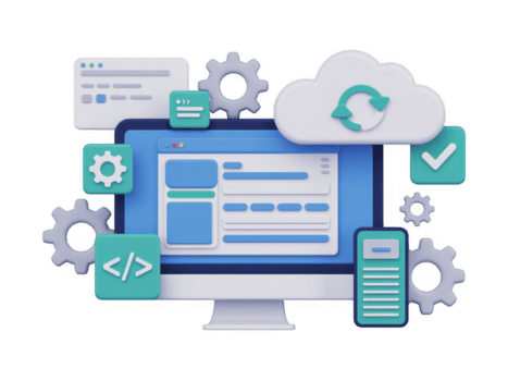 uma 3d render do uma computador com nuvem, engrenagens, código, e de outros ícones isolado em transparente fundo, representando Programas desenvolvimento png