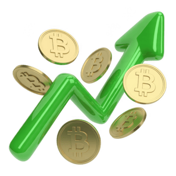 Bitcoin coins with a green arrow pointing up, symbolizing growth and increase in value isolated on transparent background png