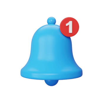 Blue notification bell with a red circle and the number one isolated on transparent background to indicate a new message or alert png