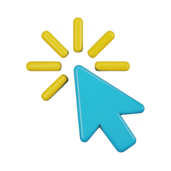 en blå markören pil klick med gul strålar isolerat på transparent bakgrund, representerar digital urval och uppkopplad navigering på de webb png