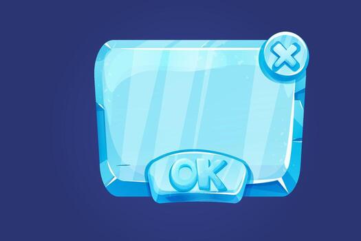 Ice button, frozen, level menu in cartoon style isolated on white background. Glass shiny panel, game ui element. vector