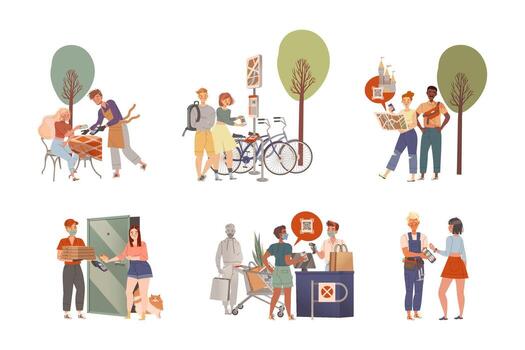 personas utilizando sin contacto pago para comprando a almacenar, alquiler bicicleta, excursión pago para Servicio conjunto vector