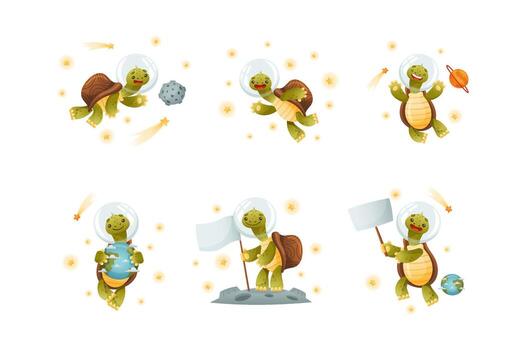 Space adventures of turtle set. Funny tortoise floating in outer space, standing on moon with flag and holding blank signboard cartoon illustration vector