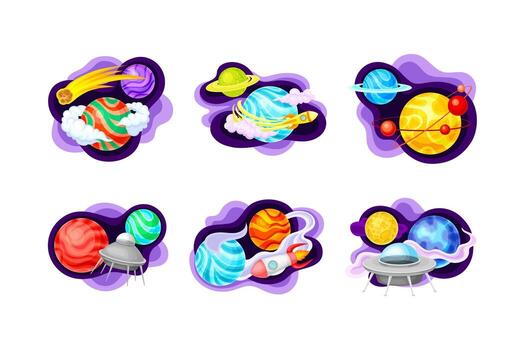 espacio objetos colocar. planetas, OVNI astronave, meteorito dibujos animados ilustración vector