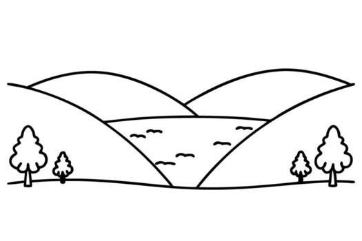 Rolling hills with sparse trees and tranquil lake simple landscape outline, minimal nature drawing, quiet scene vector