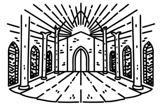 Ancient cathedral interior with arched windows, columns, stone walls, and sunlight shining through vaulted ceiling vector