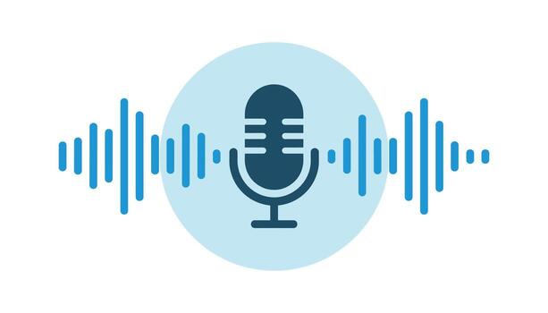 Retro microphone icon with audio sound wave illustration symbolizing podcasting, radio broadcasting, music recording, voice messaging, sound design, communication, and media production. vector