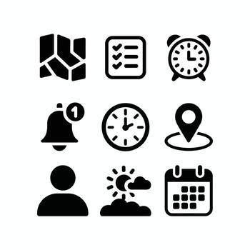 Time management and productivity icon set illustration including calendar, clock, alarm, checklist, reminder, location, user, schedule, planning, organization, business efficiency symbols. vector